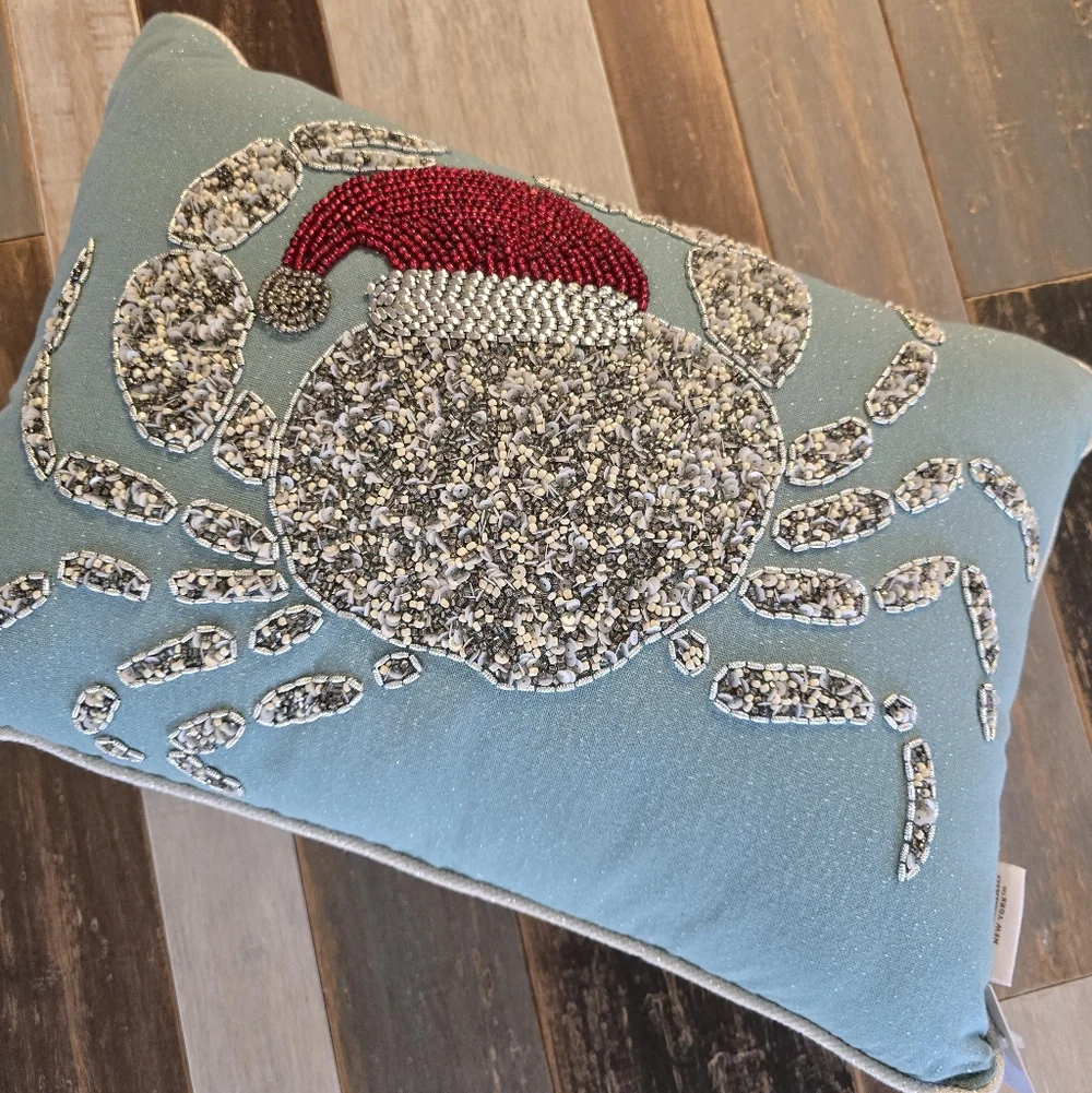 Isaac Mizrahi Holiday Pillow with Silver and Red Crab Design NWT